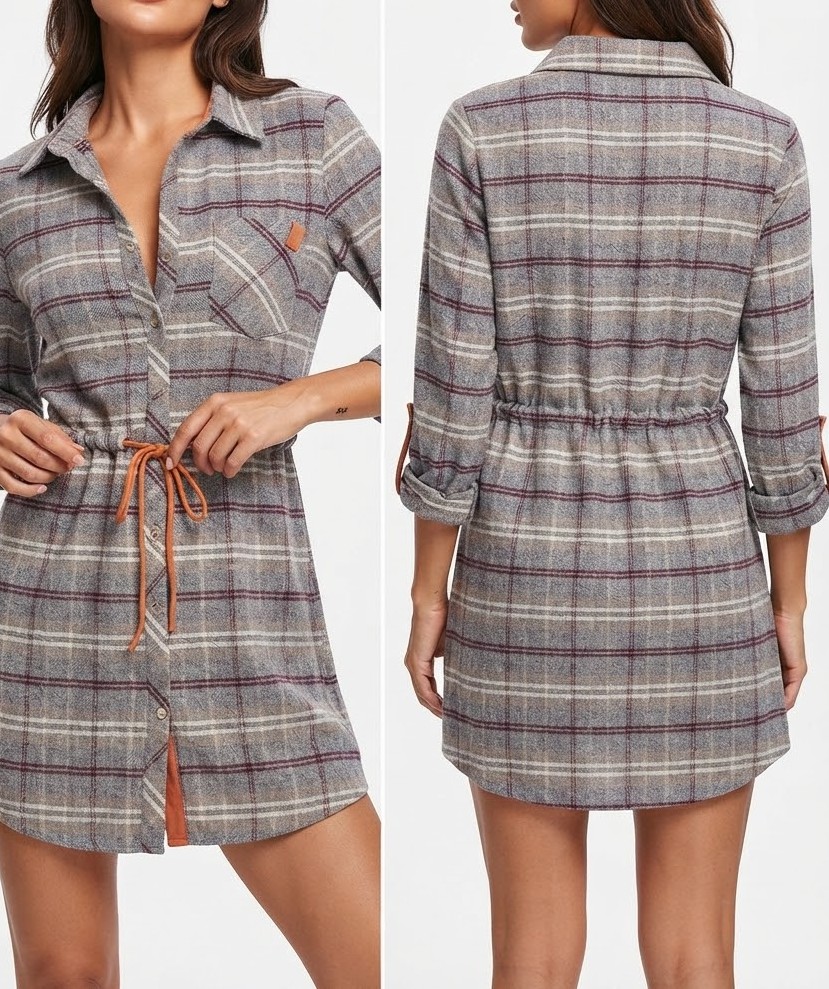 Vestido Camisero de Franela a Cuadros con Cordón Ajustable BORN & THREAD (S) NUEVO CON ETIQUETAS 1