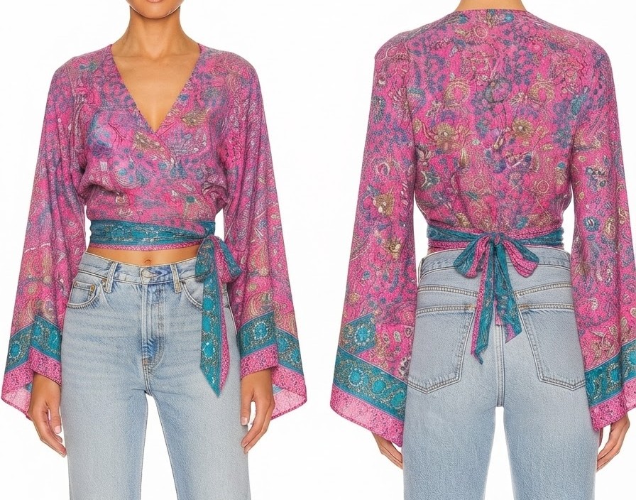 Blusa Crop Cruzada Boho Mangas Acampanadas Estampado Paisley NUEVA FASHION (S-M-L) NUEVO CON ETIQUETAS 1