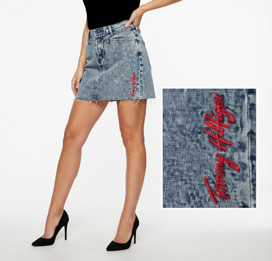 Falda Jean Corta Efecto Nevado con Bordado Rojo TOMMY HILFIGER (M-38/40) SHOWROOM 1