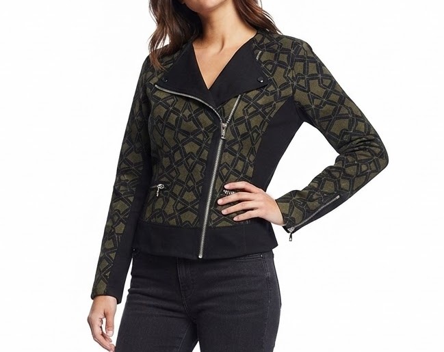 Chaqueta Biker Jacquard Geométrico Verde Olivo y Negro SISLEY (S) SHOWROOM 1