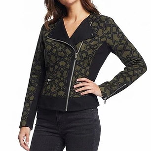 Chaqueta Biker Jacquard Geométrico Verde Olivo y Negro SISLEY (S) SHOWROOM