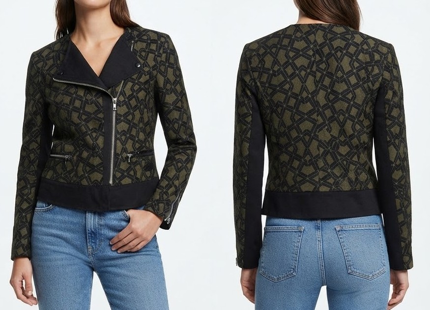 Chaqueta Biker Jacquard Geométrico Verde Olivo y Negro SISLEY (S) SHOWROOM 2