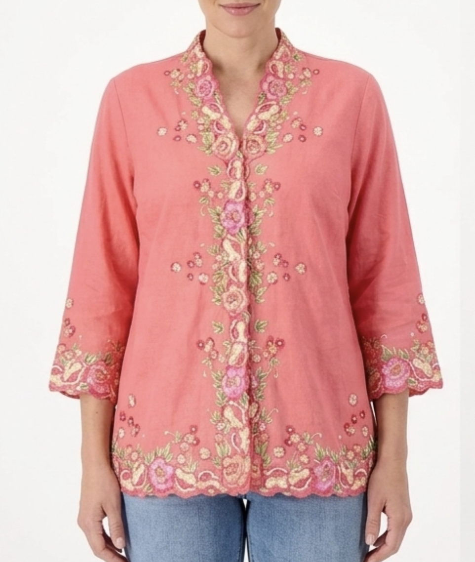 Tapado/Túnica 55% Lino Bordados Rosas SUSAN GRAVER (L) NUEVO CON ETIQUETAS 1