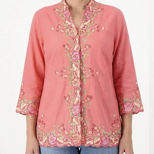 Tapado/Túnica 55% Lino Bordados Rosas SUSAN GRAVER (L) NUEVO CON ETIQUETAS
