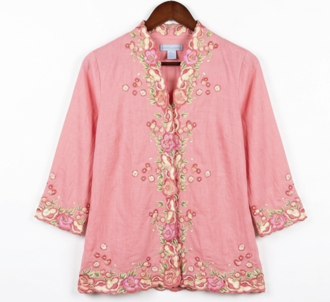 Tapado/Túnica 55% Lino Bordados Rosas SUSAN GRAVER (L) NUEVO CON ETIQUETAS 2