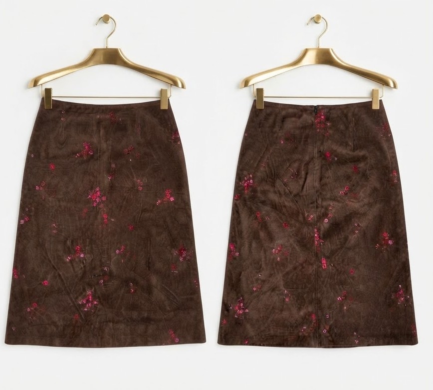 Falda 100% Cuero Gamuzado Café con Flores Bordadas ANN TAYLOR (S) SHOWROOM 2