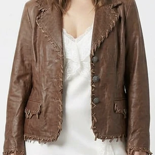 Chaqueta/Blazer 100% Cuero Boho Chic Flecos LEATHER SOUND (L-XL) TRUE VINTAGE