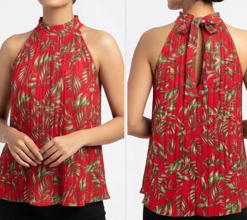 Blusa Plisada Cuello Halter con Estampado Tropical MILK & HONEY (L) NUEVO CON ETIQUETAS 1