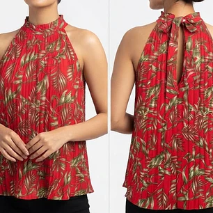 Blusa Plisada Cuello Halter con Estampado Tropical MILK & HONEY (L) NUEVO CON ETIQUETAS