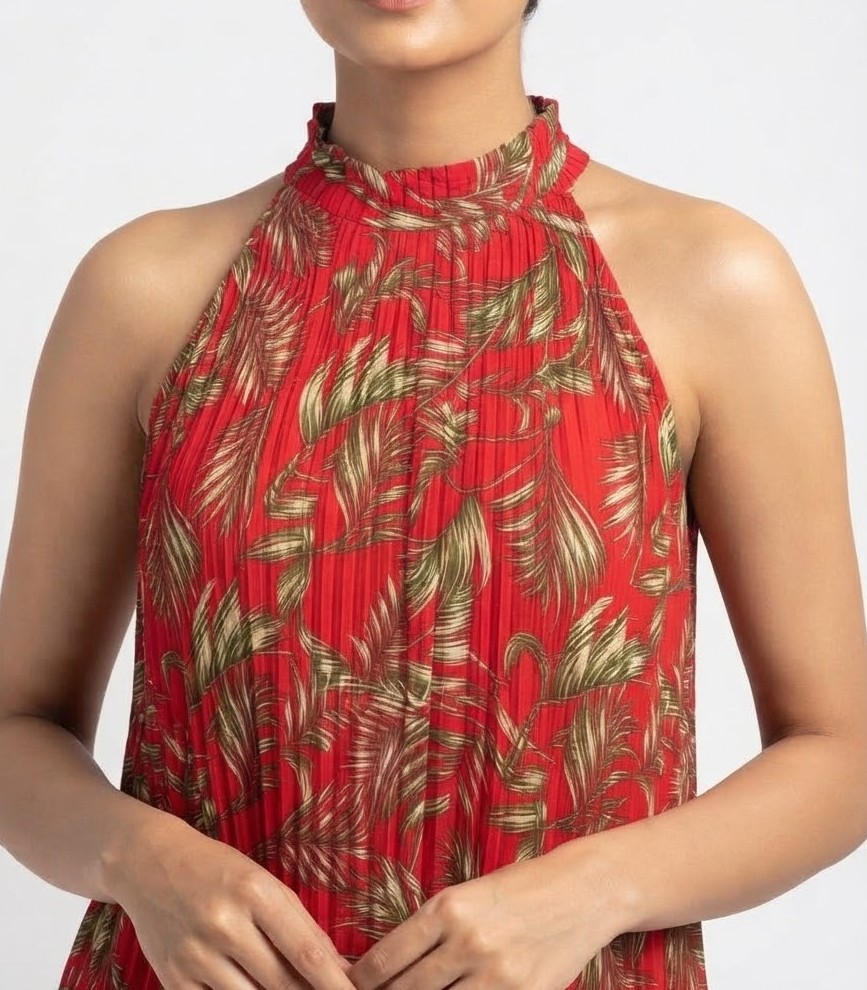 Blusa Plisada Cuello Halter con Estampado Tropical MILK & HONEY (L) NUEVO CON ETIQUETAS 2
