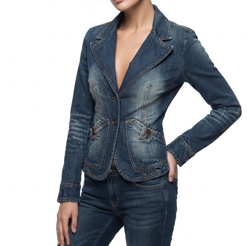 Chaqueta Blazer Denim 100% Algodon Entallada con Lavado Gastado y Bordado en Espalda RAPSODIA (S) SHOWROOM 1