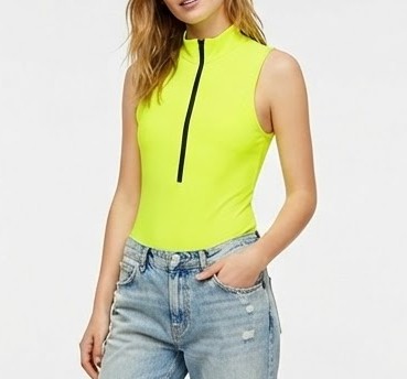 Body Ajustado sin Mangas con Cuello Alto y Cremallera Frontal en Amarillo Neón (M-L) NUEVO 1