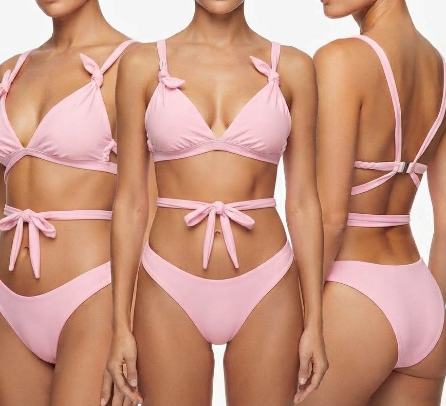 Bikini Rosa pastel con Copas Triangulares y Tiras Cruzadas con Lazos (M) NUEVO 2