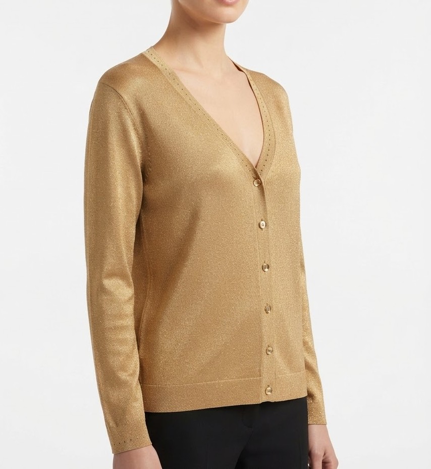 Cardigan 88% Acetato con Brillo Metalizado Dorado y Cuello en V JAEGER (L) SHOWROOM 2