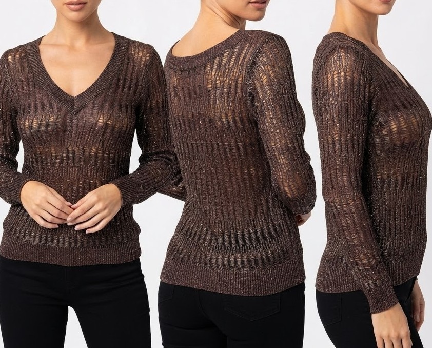 Sweater Marrón Metalizado con Textura Abierta con Brillos y escote en V CHARLOTTE RUSSE (S) SHOWROOM 1