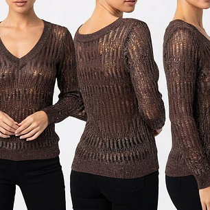 Sweater Marrón Metalizado con Textura Abierta con Brillos y escote en V CHARLOTTE RUSSE (S) SHOWROOM