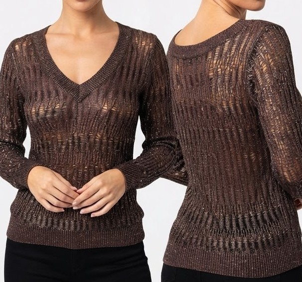 Sweater Marrón Metalizado con Textura Abierta con Brillos y escote en V CHARLOTTE RUSSE (S) SHOWROOM 2