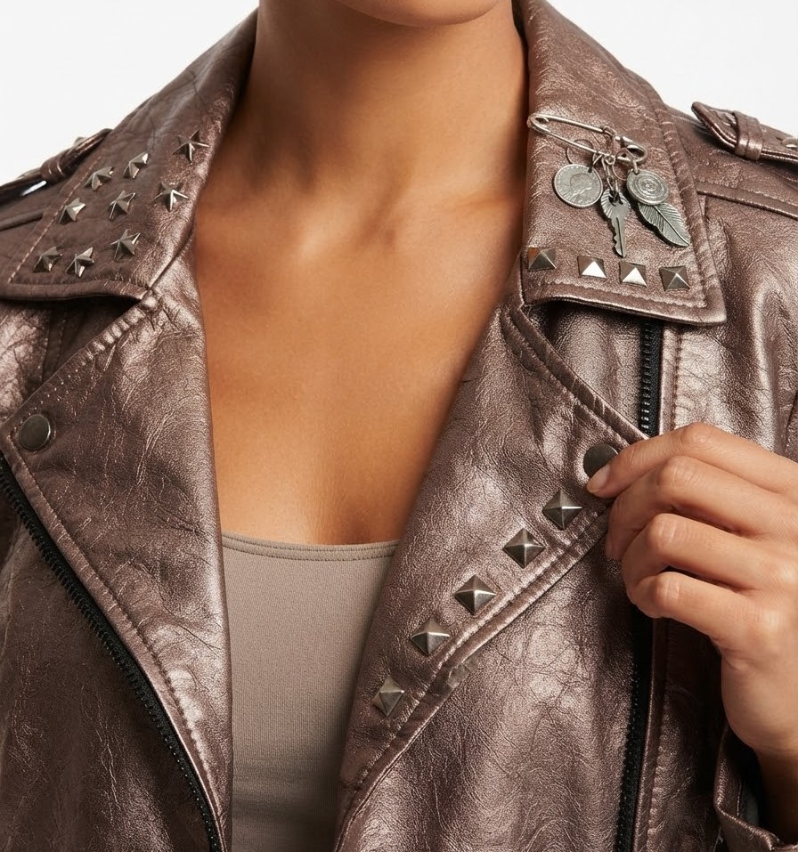 Chaqueta Biker Oro Rosa Metalizado con Tachas y Charms BLANKNYC (S) NUEVO 2