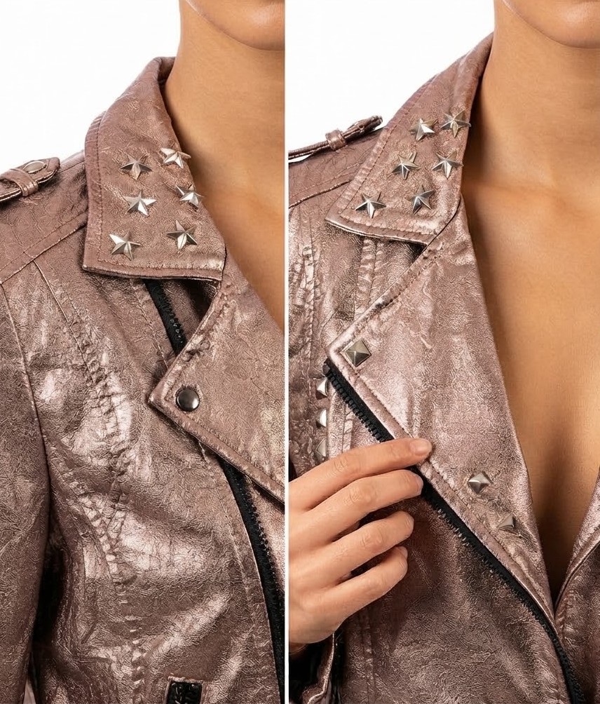Chaqueta Biker Oro Rosa Metalizado con Tachas y Charms BLANKNYC (S) NUEVO 3