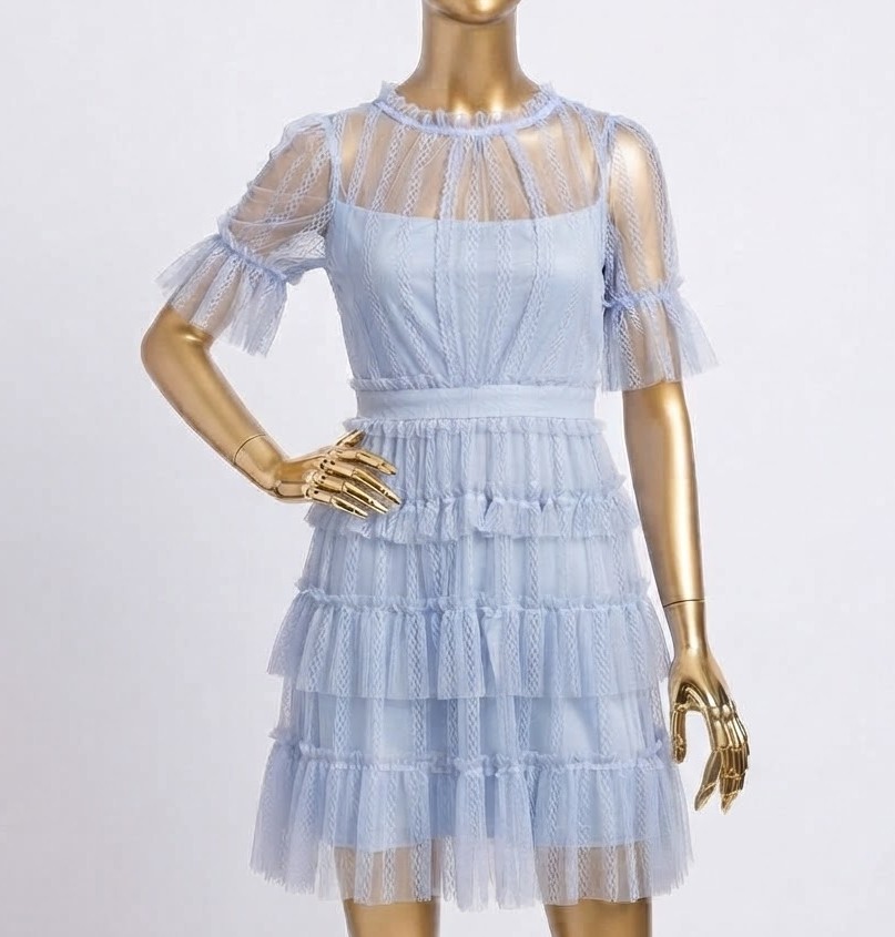 Vestido Corto de Tul Azul Pastel con Capas y Volantes (S) NUEVO 3