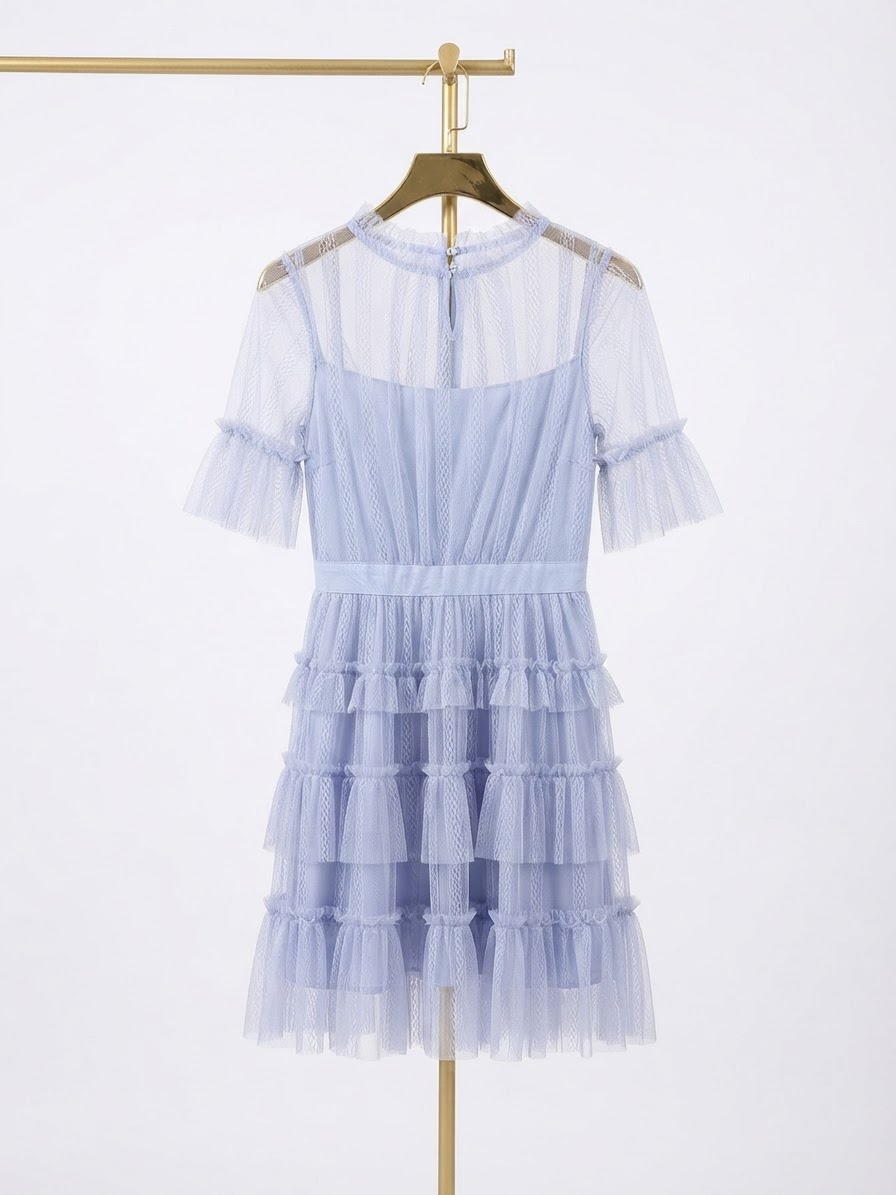 Vestido Corto de Tul Azul Pastel con Capas y Volantes (S) NUEVO 1