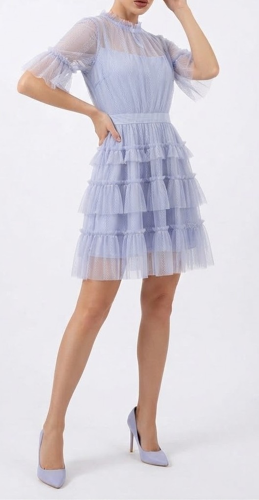 Vestido Corto de Tul Azul Pastel con Capas y Volantes (S) NUEVO 2