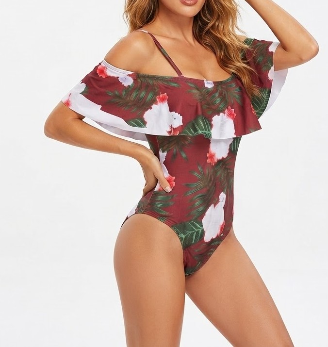 Traje de Baño Entero Off-Shoulder con Volante y Estampado Tropical Borgoña (S) NUEVO 1