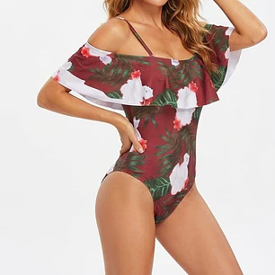 Traje de Baño Entero Off-Shoulder con Volante y Estampado Tropical Borgoña (S) NUEVO