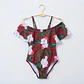 Traje de Baño Entero Off-Shoulder con Volante y Estampado Tropical Borgoña (S) NUEVO - Miniatura 3