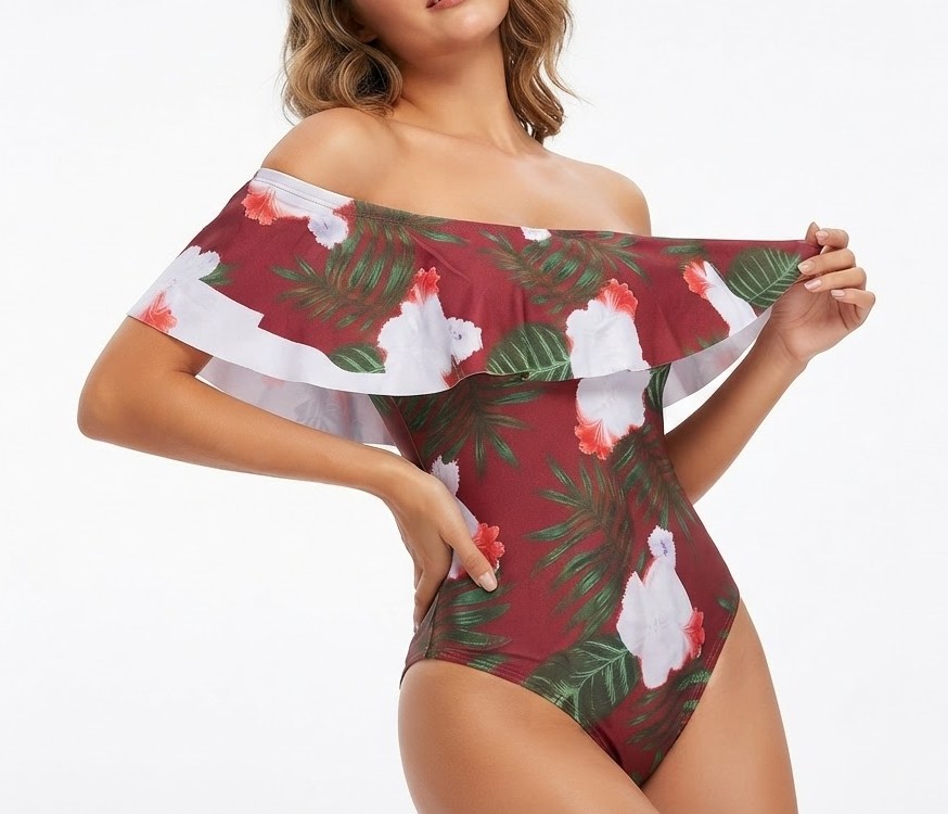 Traje de Baño Entero Off-Shoulder con Volante y Estampado Tropical Borgoña (S) NUEVO 2