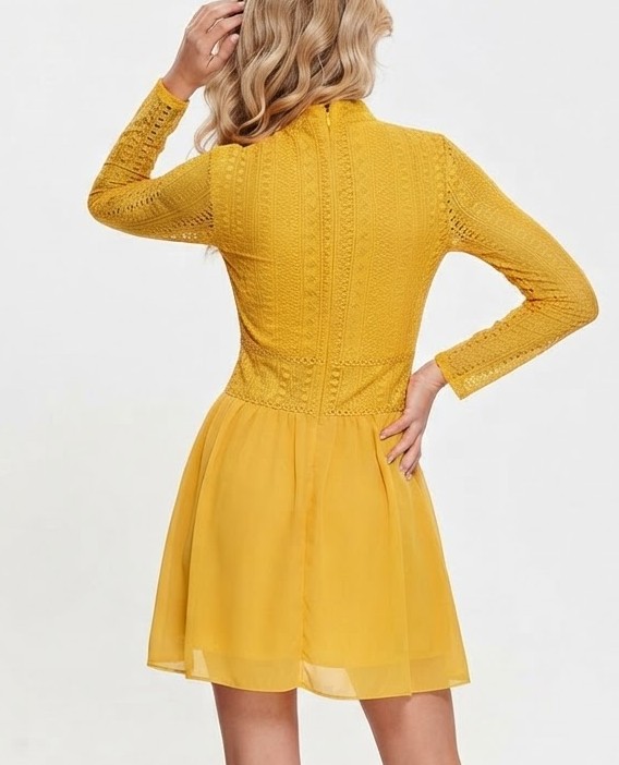 Vestido Corto Mostaza de Encaje Crochet y Gasa WISH THE LABEL (XXS) NUEVO CON ETIQUETAS 3