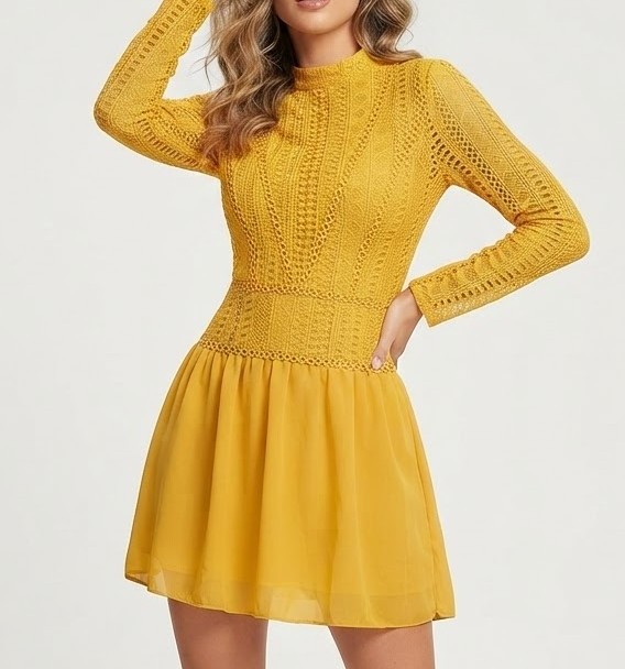 Vestido Corto Mostaza de Encaje Crochet y Gasa WISH THE LABEL (XXS) NUEVO CON ETIQUETAS 1