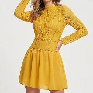 Vestido Corto Mostaza de Encaje Crochet y Gasa WISH THE LABEL (XXS) NUEVO CON ETIQUETAS