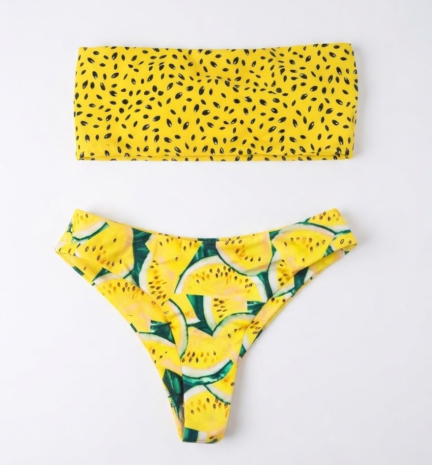 Bikini Bandeau con Estampado de Sandía Amarilla y Semillas 2