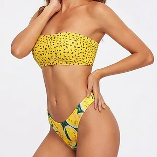 Bikini Bandeau con Estampado de Sandía Amarilla y Semillas