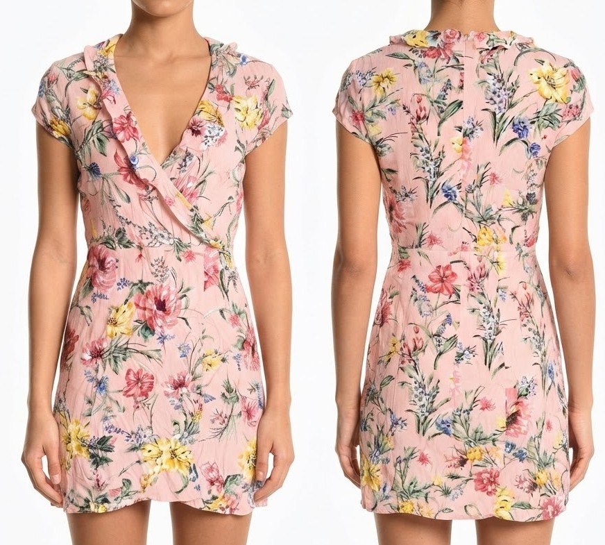 Vestido 100% viscosa Corto Rosado con Estampado Floral y Escote Cruzado BARDOT (XS-36) NUEVO CON ETIQUETAS 3