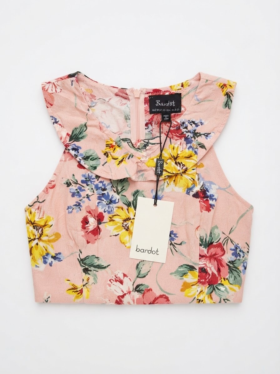 Vestido 100% viscosa Corto Rosado con Estampado Floral y Escote Cruzado BARDOT (XS-36) NUEVO CON ETIQUETAS 2