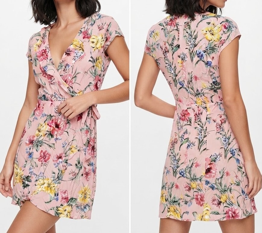 Vestido 100% viscosa Corto Rosado con Estampado Floral y Escote Cruzado BARDOT (XS-36) NUEVO CON ETIQUETAS 1