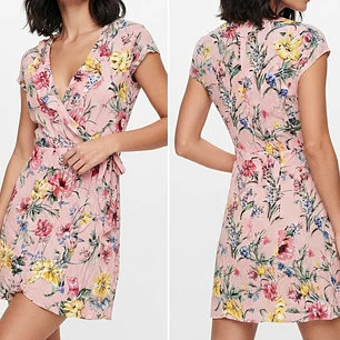 Vestido 100% viscosa Corto Rosado con Estampado Floral y Escote Cruzado BARDOT (XS-36) NUEVO CON ETIQUETAS