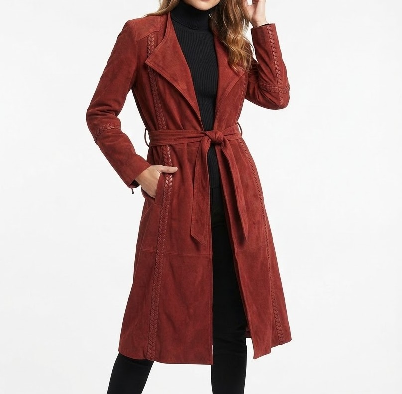 Abrigo Largo de Gamuza Terracota con Detalles Trenzados VERO MODA CLASSIC (S) NUEVO CON ETIQUETAS 1