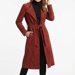 Abrigo Largo de Gamuza Terracota con Detalles Trenzados VERO MODA CLASSIC (S) NUEVO CON ETIQUETAS