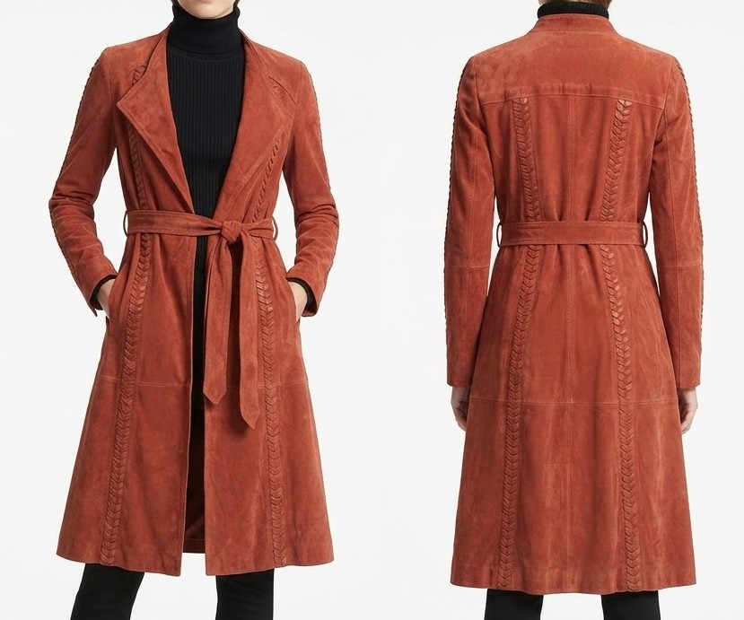 Abrigo Largo de Gamuza Terracota con Detalles Trenzados VERO MODA CLASSIC (S) NUEVO CON ETIQUETAS 3