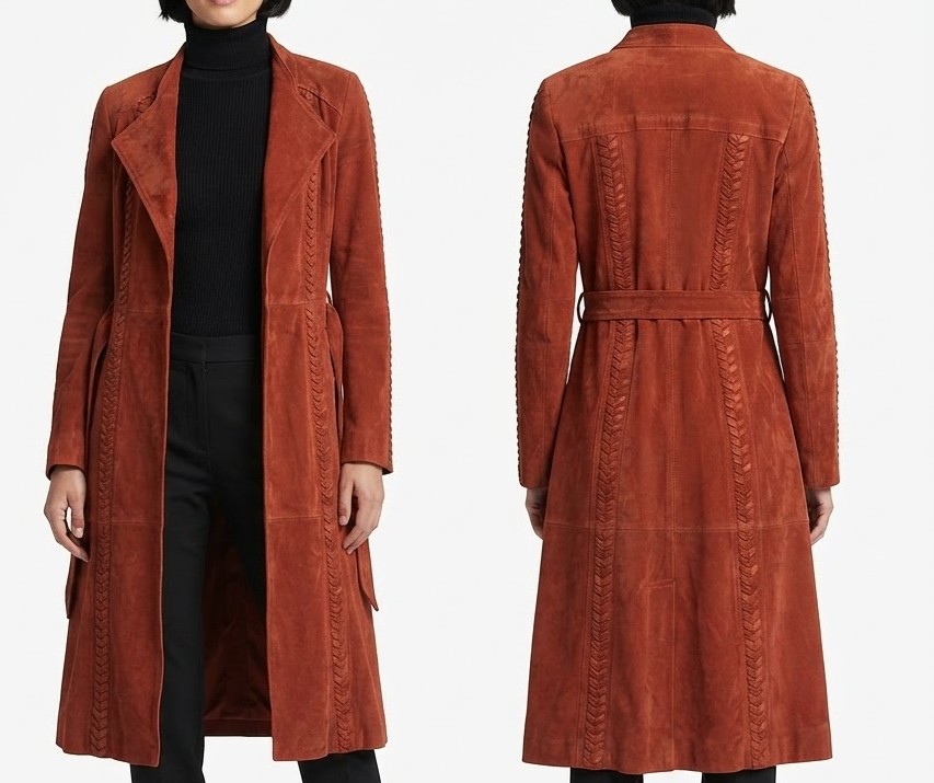 Abrigo Largo de Gamuza Terracota con Detalles Trenzados VERO MODA CLASSIC (S) NUEVO CON ETIQUETAS 2