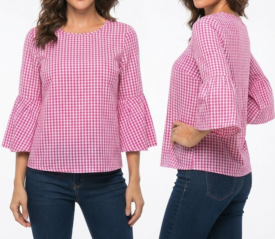 Top de Cuadro Gingham Rosa con Mangas Acampanadas JANE & DELANCEY (M) NUEVO CON ETIQUETAS 1