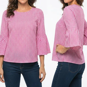 Top de Cuadro Gingham Rosa con Mangas Acampanadas JANE & DELANCEY (M) NUEVO CON ETIQUETAS