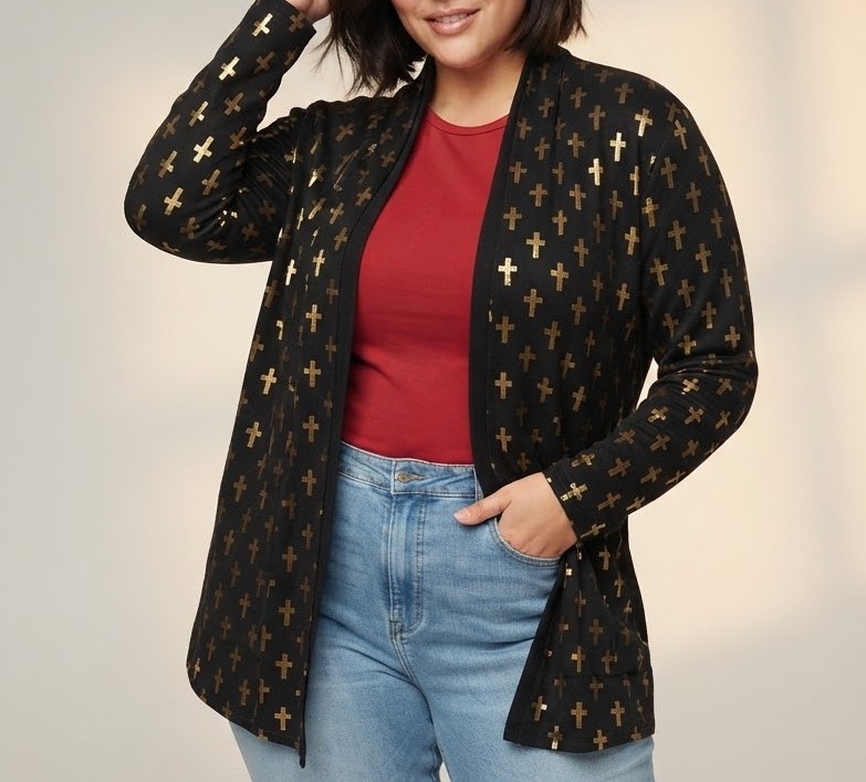 Cárdigan Abierto Estampado de Cruces Doradas y Espalda Lisa JOSEPH Q  (L-XL) NUEVO 2