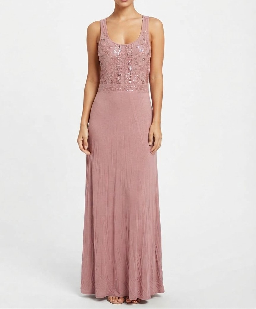 Maxi Vestido Rosa Palo con Encaje y Lentejuelas ADARRY (Talla L) NUEVO CON ETIQUETAS 1
