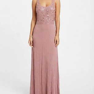 Maxi Vestido Rosa Palo con Encaje y Lentejuelas ADARRY (Talla L) NUEVO CON ETIQUETAS