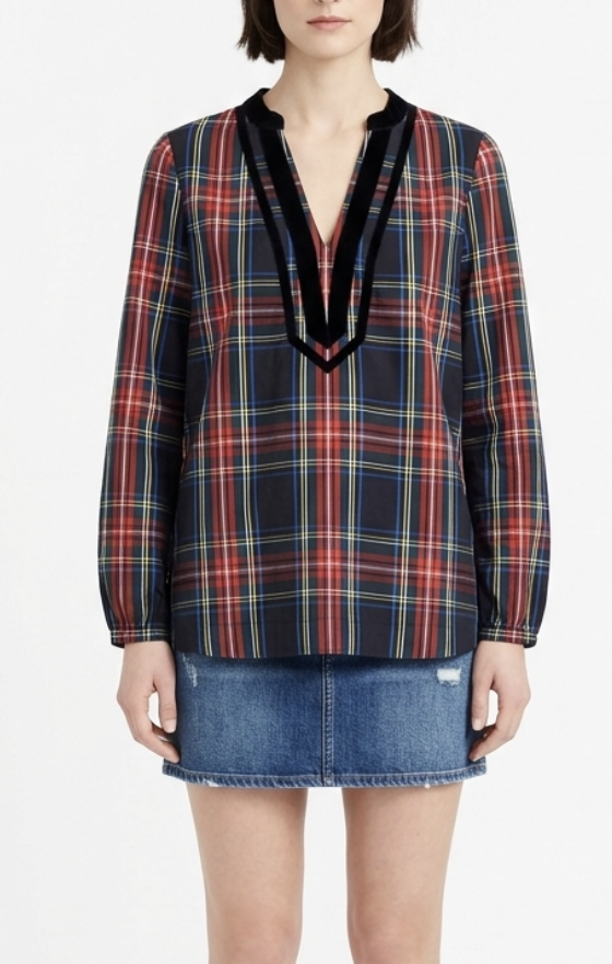 Túnica Cuello V Ribete Terciopelo Stewart Tartan J.CREW (S) NUEVO 1