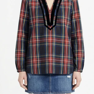 Túnica Cuello V Ribete Terciopelo Stewart Tartan J.CREW (S) NUEVO